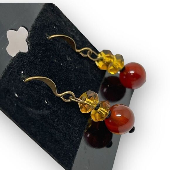 Vintage Amber and Gold Tone Beaded Drop Dangle Earrings - Picture 6 of 8